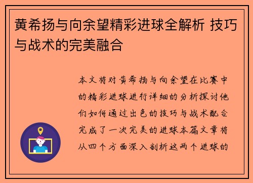 黄希扬与向余望精彩进球全解析 技巧与战术的完美融合